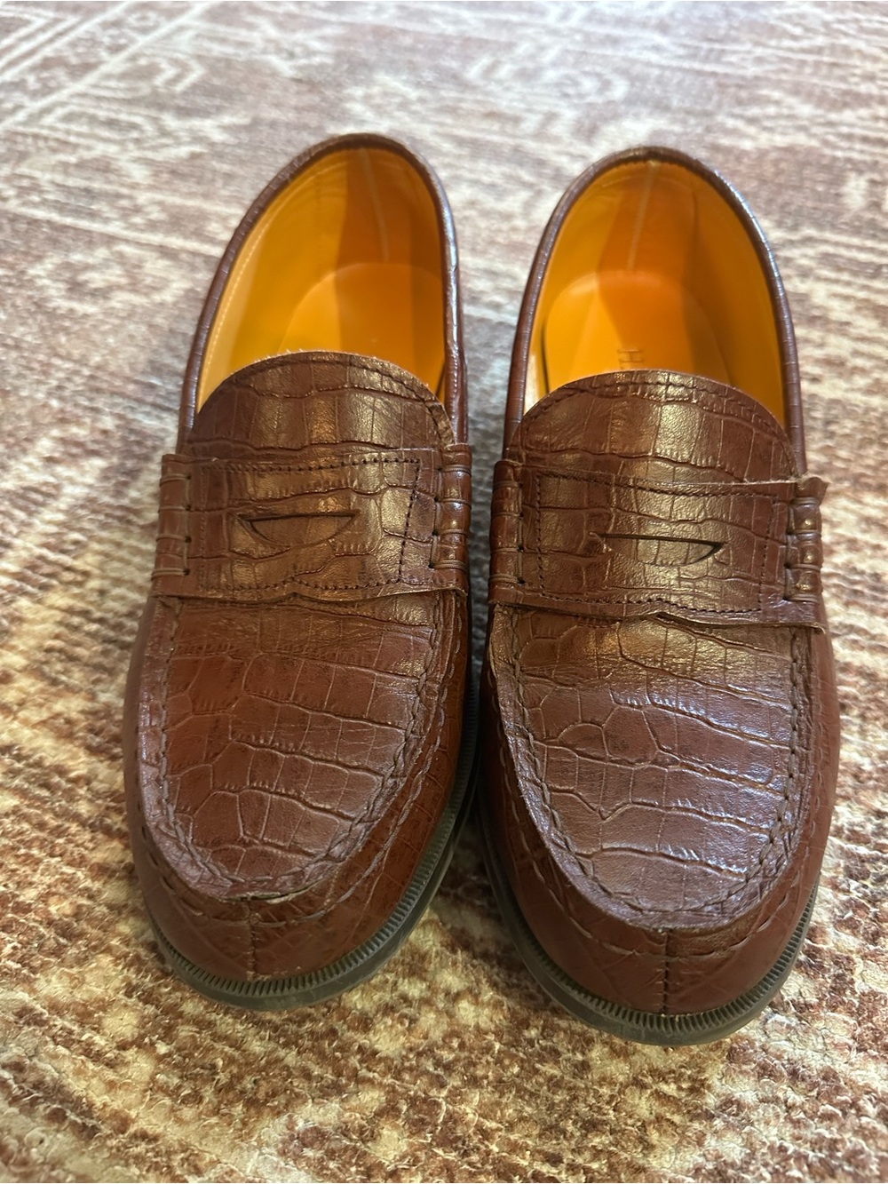 Haruta Brown Croc-Embossed Leather Penny Loafers